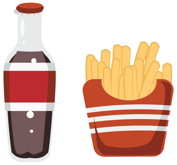 Vector ilustración clásica de combo de comida rápida con refresco y papas fritas