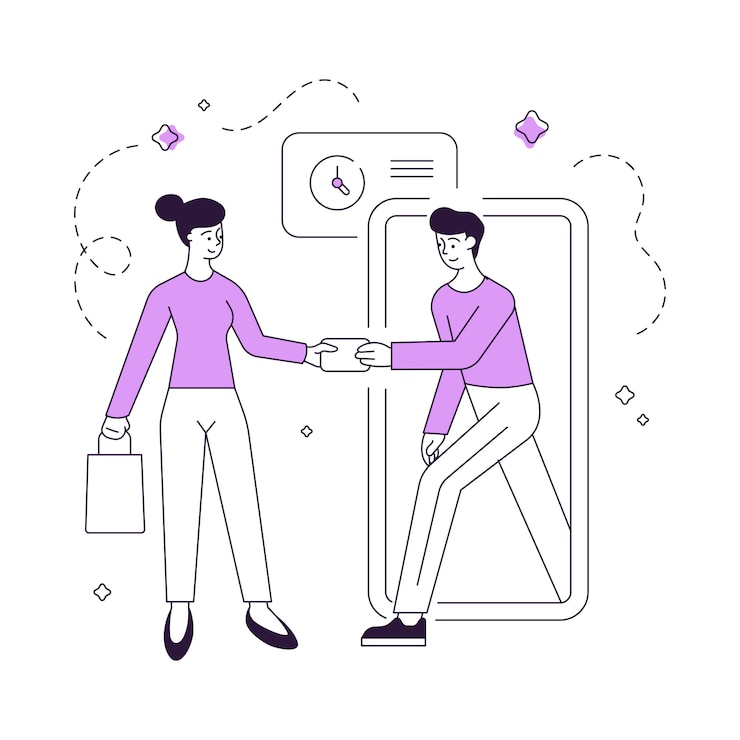 Vector ilustración de cliente femenino lineal con bolsa pagando al mensajero masculino con tarjeta de crédito después de recibir el pedido en línea a tiempo