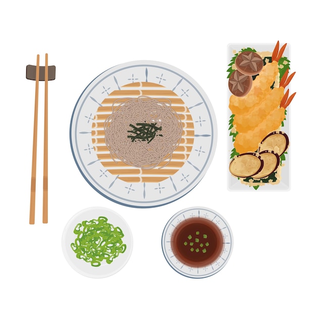 Ilustración Clipart Vista superior Tenzaru Soba frío con camarón Tempura Kakiage en un cuenco blanco