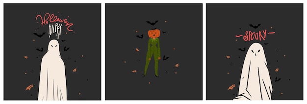 Ilustración de cliparts abstractos vectoriales dibujados a mano. Festa de disfraces de Halloween. Colección de personajes para adultos. Concepto de cartel de diseño de Halloween. Arte contemporáneo de Halloween.