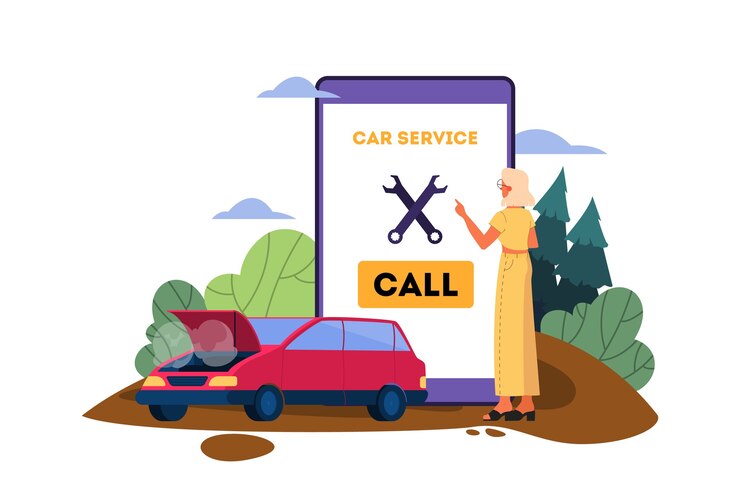 Vector ilustración con coche averiado en una carretera. coche averiado accidentalmente en la carretera. conductor triste y asustado que llama al servicio de automóviles para obtener ayuda.