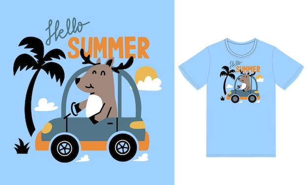 Ilustración de coche de conducción de ciervo con diseño de camiseta de vector premium