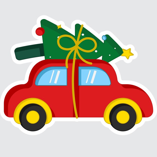 Ilustración de coche de estilo pegatina con árbol de Navidad en estilo plano