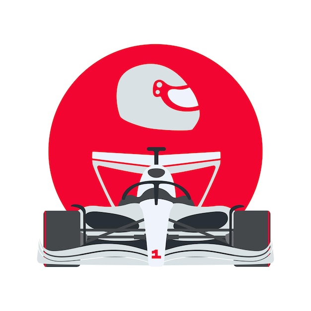 Vector ilustración de un coche f1 blanco con un casco en el fondo de un círculo rojo finalización de la carrera ilustración vectorial