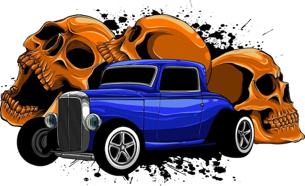 Ilustración de un coche hot rod con calaveras