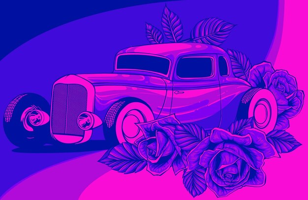 Vector ilustración del coche hot rod con rosas