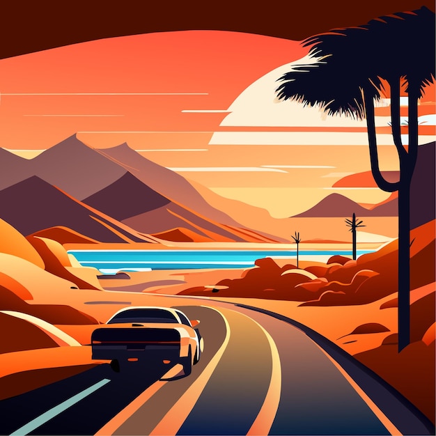 Vector ilustración del coche o viaje nocturno en coche a la isla del pueblo paisaje vista del mar o primer plano del coche