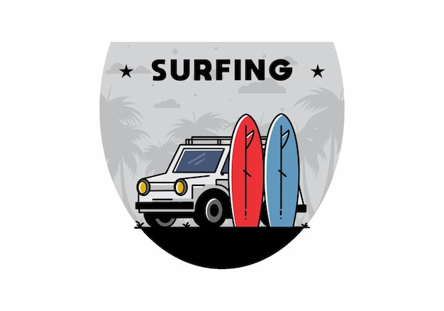 Ilustración de coche pequeño y dos tablas de surf.