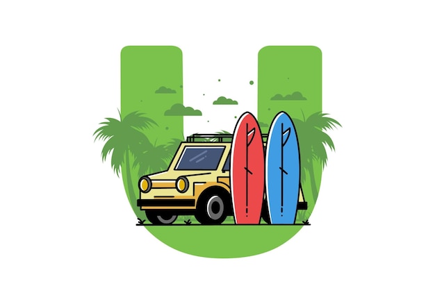 Ilustración de coche pequeño y dos tablas de surf.