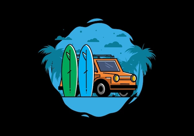 Vector ilustración de coche pequeño y dos tablas de surf.