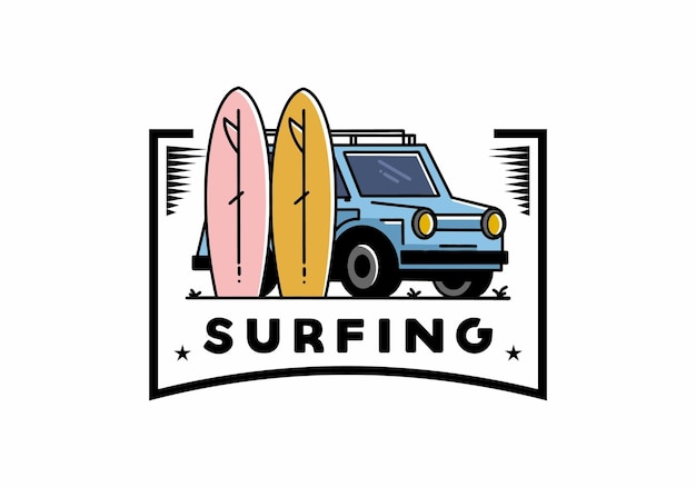 Ilustración de coche pequeño y dos tablas de surf.