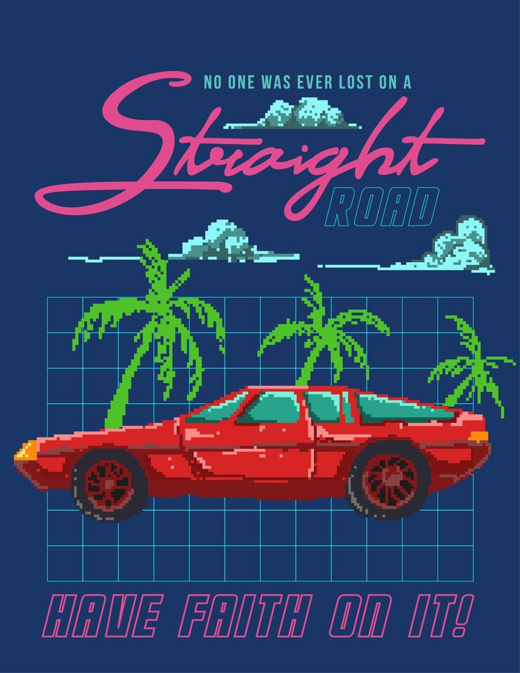Ilustración del coche retro de los años 80 con cita motivacional mezclada con ilustración de arte de píxeles.
