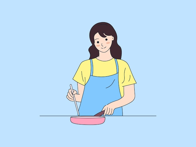 Ilustración de cocina Freír ingredientes alimentarios en una sartén