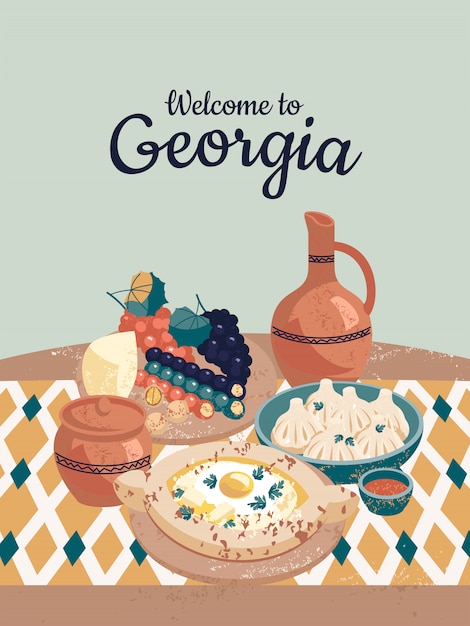 Vector ilustración de la cocina georgiana y el texto bienvenido a georgia.