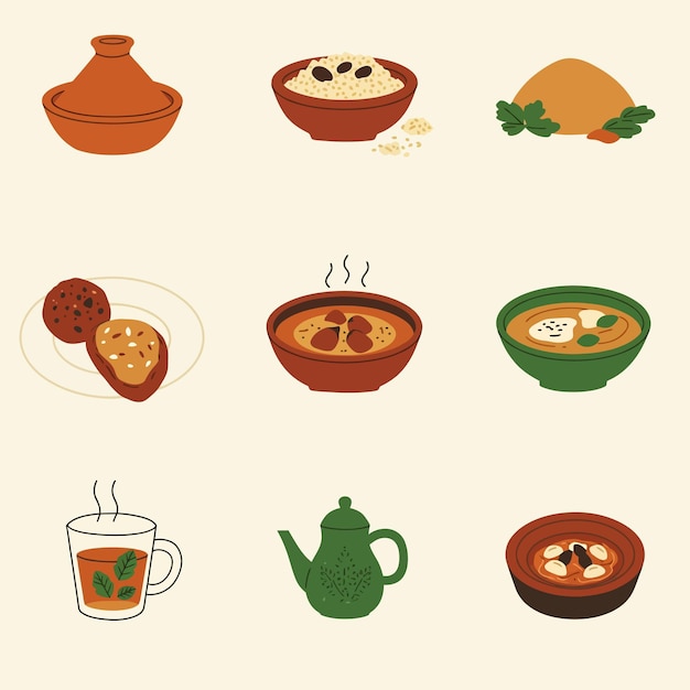 Ilustración de la cocina marroquí Tagine Couscous y té de menta