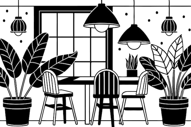 Ilustración de una cocina moderna con una isla de madera y luces colgantes