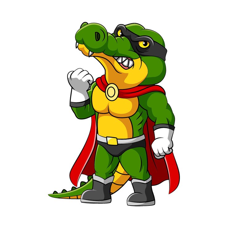Vector la ilustración del cocodrilo con el disfraz de superhéroes y máscara negra.