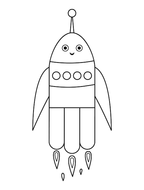 Ilustración de cohete en blanco y negro vectorial para niños Contorno icono de nave espacial sonriente aislado en fondo blanco Página para colorear de exploración espacial