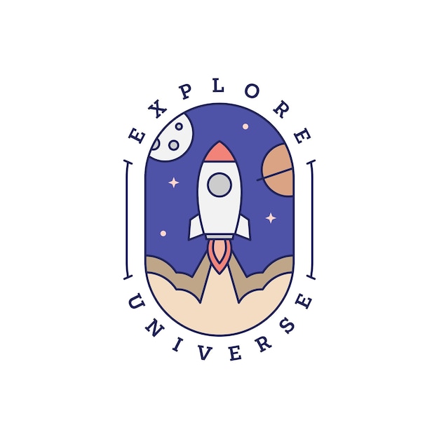 Ilustración de cohete de nave espacial línea de insignia estilo de arte vector