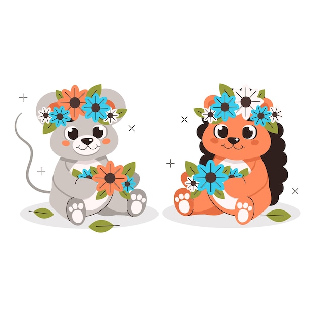 Vector ilustración de una colección de animales lindos, erizo y ratón, tejer coronas de flores.