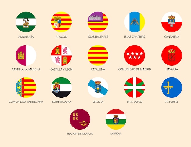Vector ilustración de la colección de banderas de las regiones españolas dibujada a mano