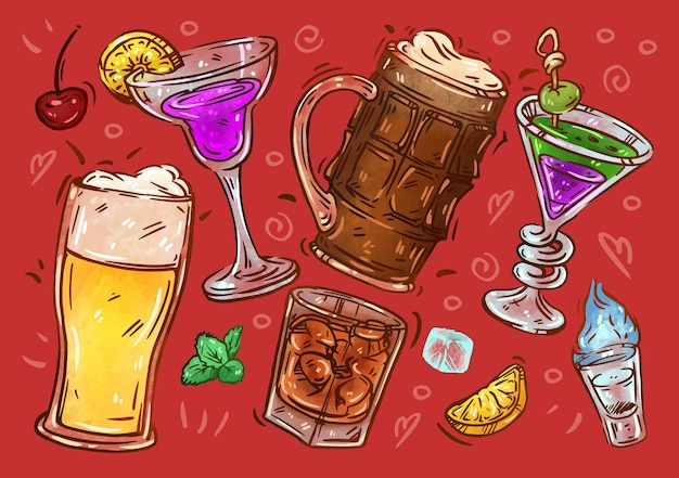 Vector ilustración de la colección de bebidas boceto dibujado a mano cerveza clara y oscura tequila sambuca cóctel alcohólico whisky martini conjunto de colores de garabatos vectoriales