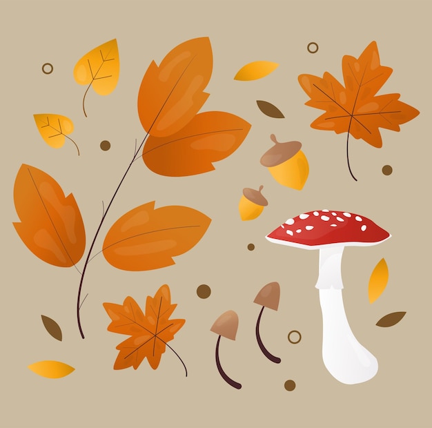 Ilustración de colección de bosque de bellotas de setas y hojas de siembra