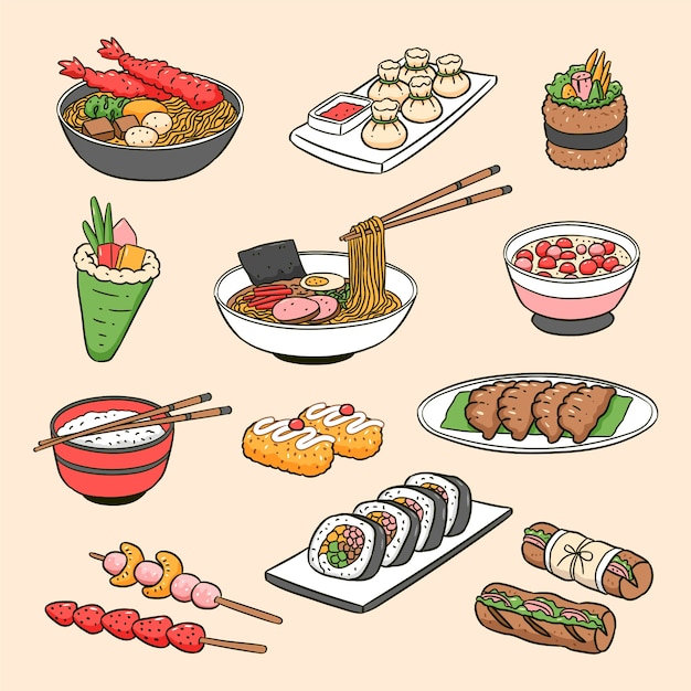 Ilustración de la colección de comida asiática dibujada a mano