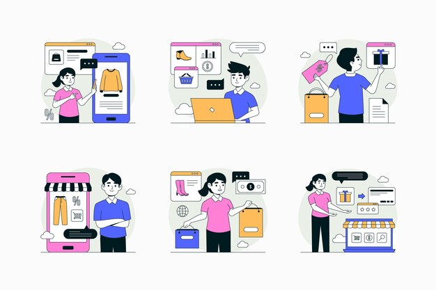 Ilustración de la colección de compras en línea dibujada a mano
