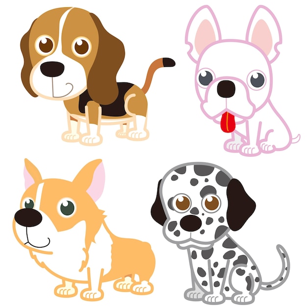 ilustración de la colección de cuatro perros lindos de dibujos animados.
