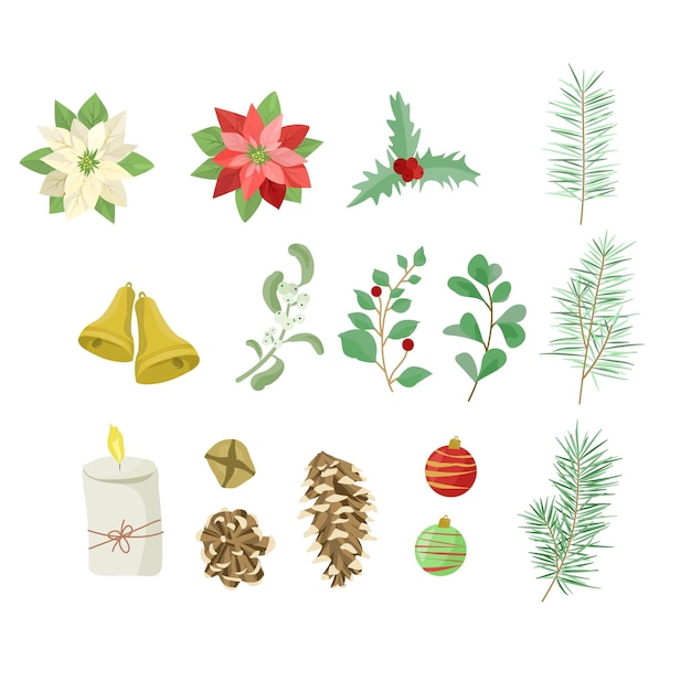 Ilustración de una colección de decoraciones de plantas navideñas