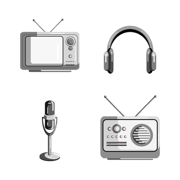 Ilustración de colección electrónica vintage, auriculares de tv, radio, micrófono