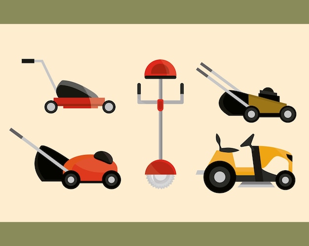 Ilustración de colección de equipos de cortadoras de césped eléctricas y manuales