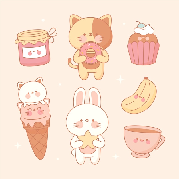 Ilustración de la colección de kawaii dibujada a mano