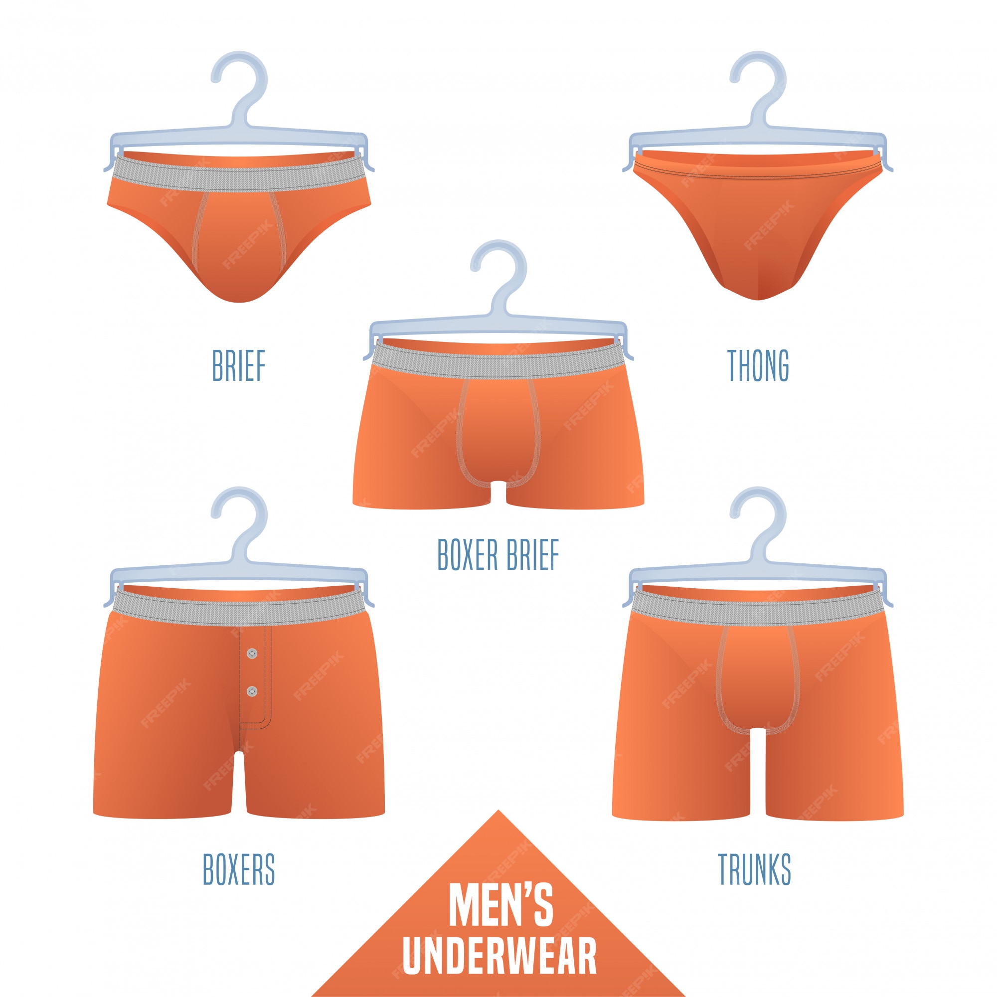 Ilustración de la colección de ropa interior masculina. conjunto, elementos de diseño de diferentes modelos de interior masculina: slip, boxer brief, bikini, bañadores, tanga para minoristas, tienda, póster, flyer