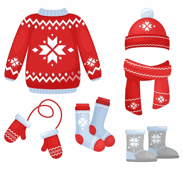 Ilustración de la colección de ropa de invierno. Sombrero de punto y bufanda, calcetines, guantes de mano, suéter en estilo de Navidad aislado sobre fondo blanco en estilo plano de dibujos animados.