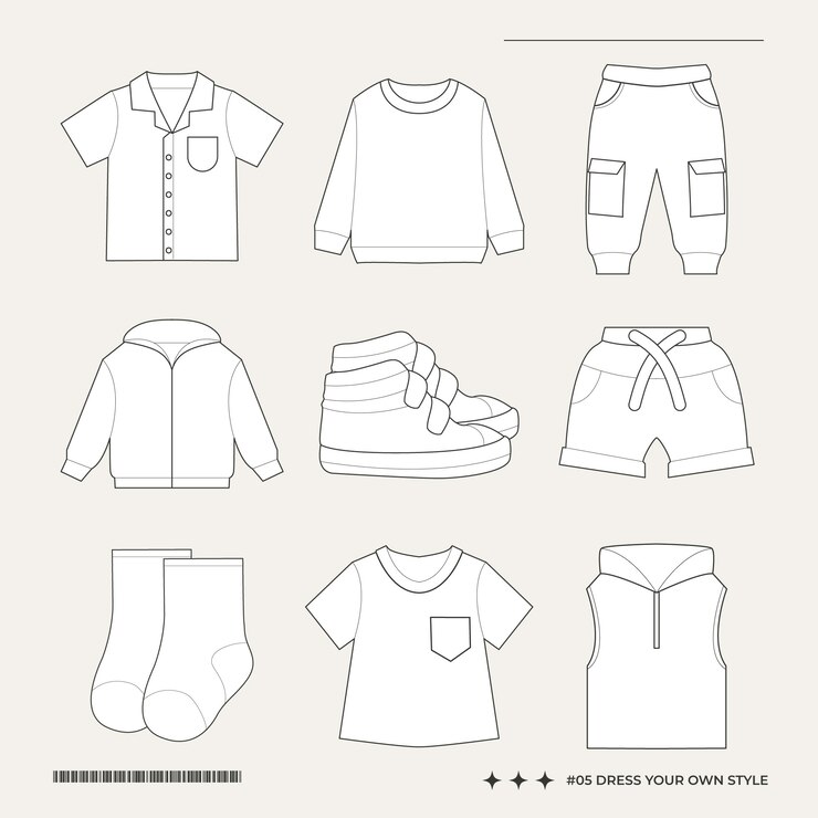Vector ilustración de la colección de ropa para niños dibujada a mano
