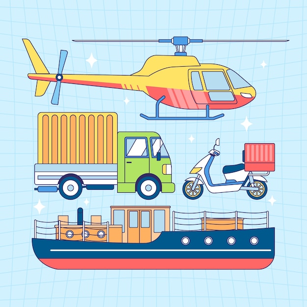 Ilustración de la colección de vehículos de transporte tirados a mano