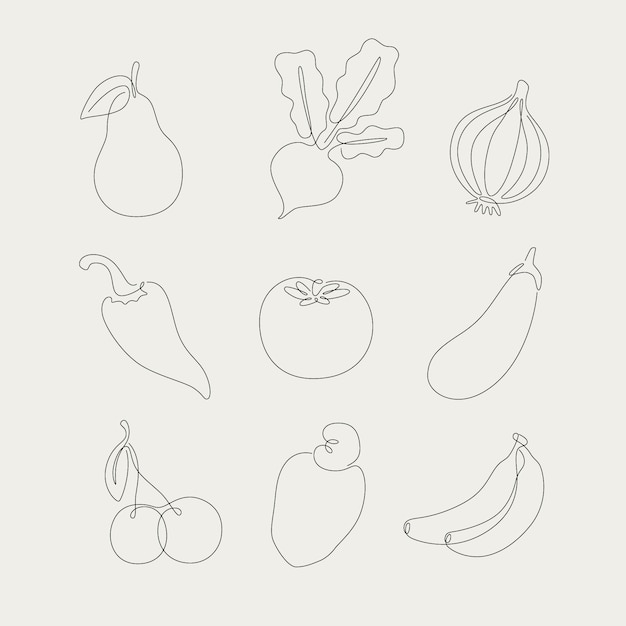Ilustración de la colección de verduras y frutas dibujada a mano