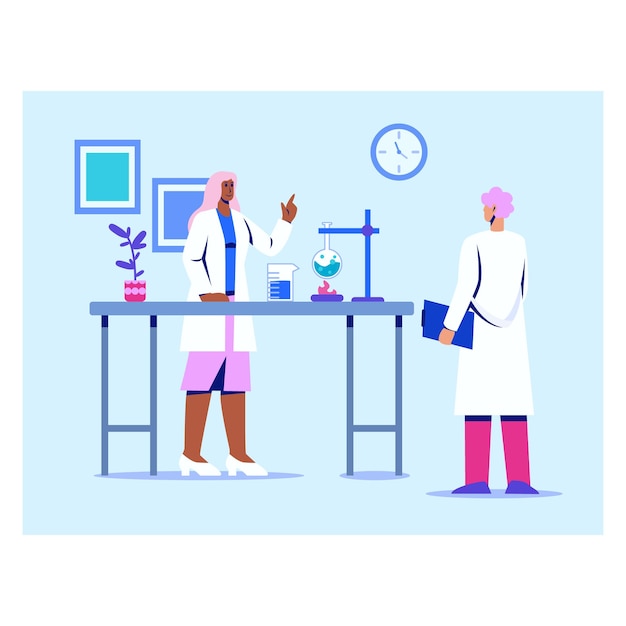 Ilustración de colegas científicos profesionales que llevan a cabo experimentos y hablan en el laboratorio