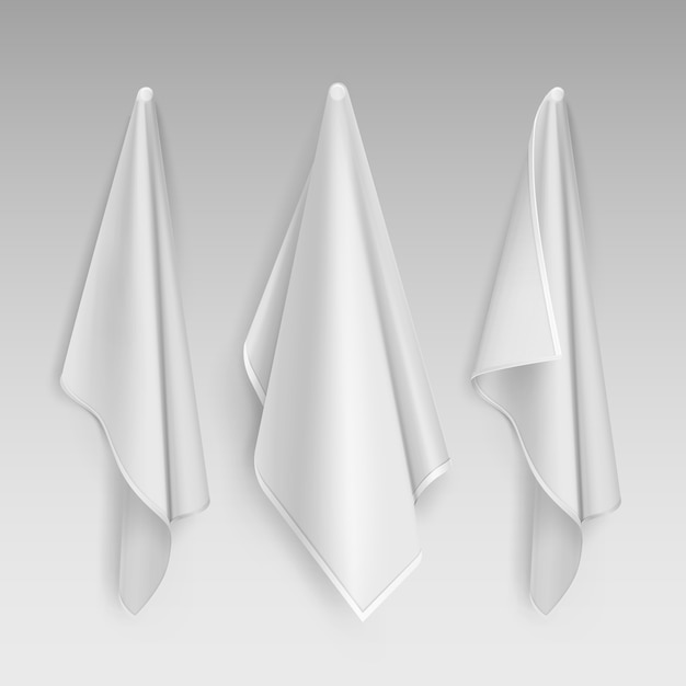 Ilustración de colgar tres toallas de algodón blancas y limpias.