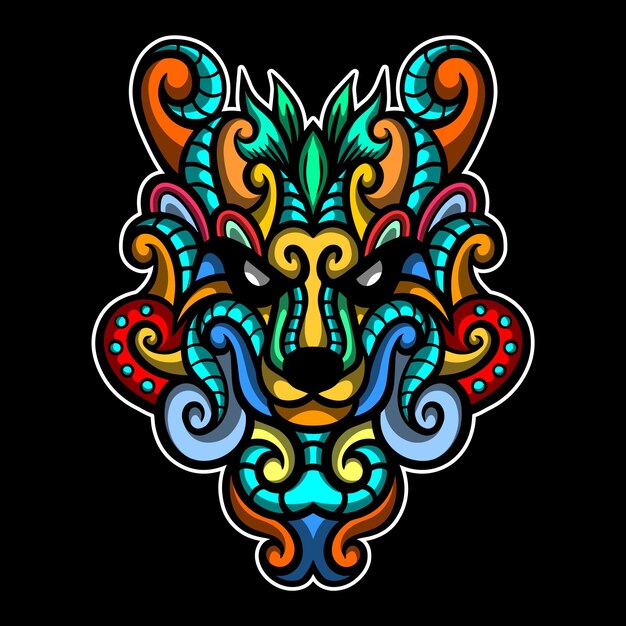 Ilustración de color de arte de cabeza de lobo dibujado a mano Vector Premium
