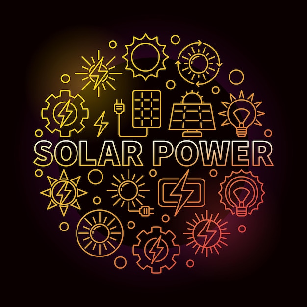 Ilustración de color de concepto redondo de vector de energía solar o banner en estilo de línea delgada