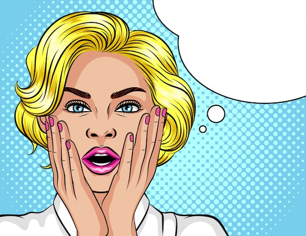 Ilustración de color en el estilo del arte pop. La chica rubia abrió la boca sorprendida. Hermosa mujer en estado de shock.