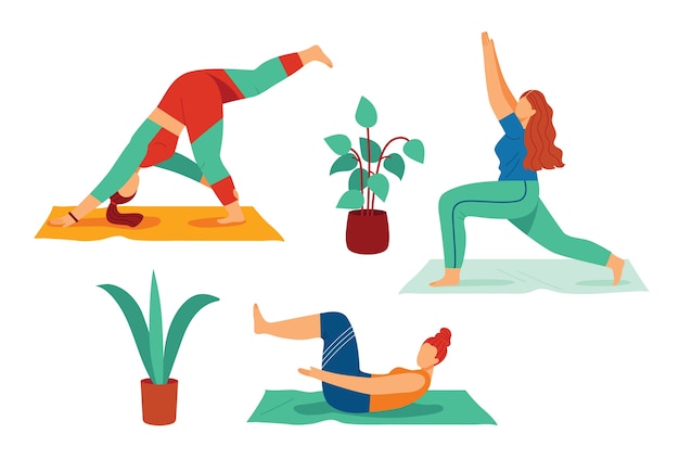 Ilustración de color en estilo plano aislado sobre fondo blanco. La niña se dedica al yoga. Una mujer practica asanas de yoga. Joven delgada practica deportes en casa