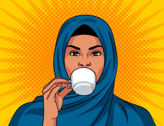 Ilustración de color en estilo pop art. hermosa mujer musulmana en un chal tradicional en la cabeza está bebiendo un café. mujer árabe sostenga la taza de café en la mano