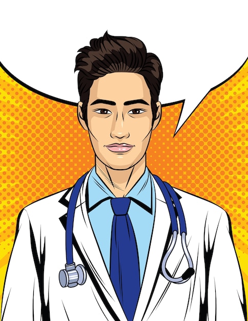 Ilustración de color en estilo pop art. Médico varón con un estetoscopio alrededor de su cuello. Retrato de un médico de apariencia asiática con uniforme blanco.