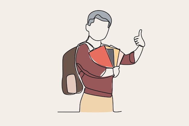 Ilustración en color de estudiantes sosteniendo libros y dando pulgares hacia arriba Dibujo en línea de regreso a la escuela