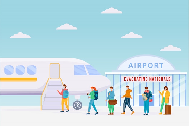 Ilustración de color de evacuación de aviones de emergencia. Precaución ante una pandemia. Cierre de áreas peligrosas durante la epidemia. Personajes de dibujos animados de cuarentena con paisaje de fondo