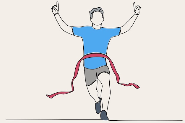 Ilustración en color de un hombre que gana una carrera mientras levanta el dedo Línea de meta dibujo en línea